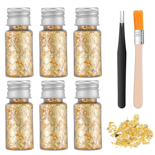 JJUNW 6Pcs Decorative Gold Leaf, Multifunction Gold Flakes Cake Decoration Baking Foil Decor with Plastic Tweezers&Brush for Cooking Dessert Decoration Crafts Makeup(Gold)