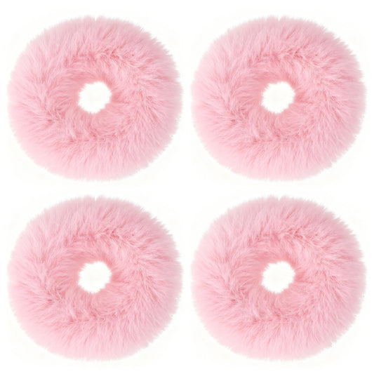 LXUEJIE 4 Pcs Pink Pom Pom Hair Ties, Pink Scrunchies, Furry Faux Rabbit Fur Fuzzy Scrunchies, Fluffy Ponytail Holders Hair Accessories Ponytail Holders Hairs Accessories for Girls Women Hairs