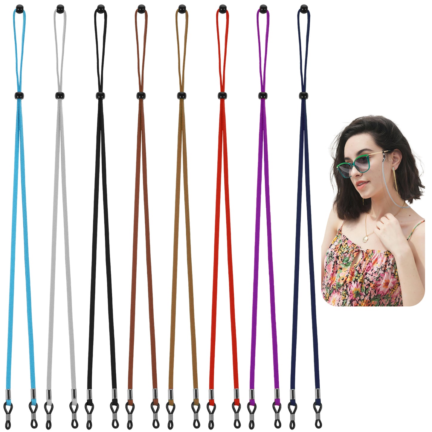 JIYIN 8 PCS Glasses Strap, Adjustable Leather Eye Glass String Strap Eye Glasses Holders Around Neck Eyeglass Chain for Women Men, Reading Glass Chain