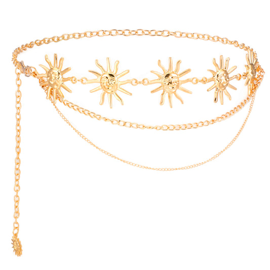 BOHUIZ Women Waist Chain Belt Multilayer Metal Belt Gold Sun Adjustable Boho Waist Chains Country Concert Outfit for Dress