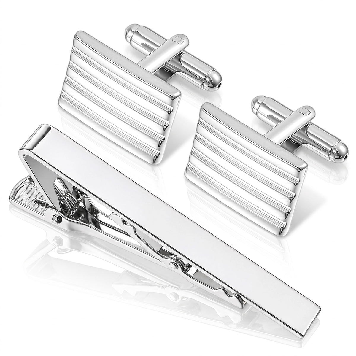 cobee Men Cufflinks and Tie Clip Set, Silver Formal Business Accessories