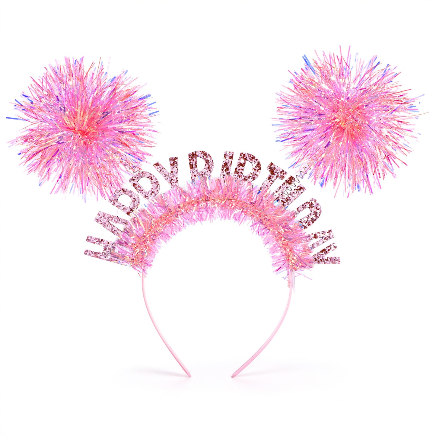 SHENLIU 1 Pcs Birthday Headband for Women, Pom Pom Happy Birthday Crown, Pink Party Hairband for Women, Funny Spring Party Cosplay Accessory