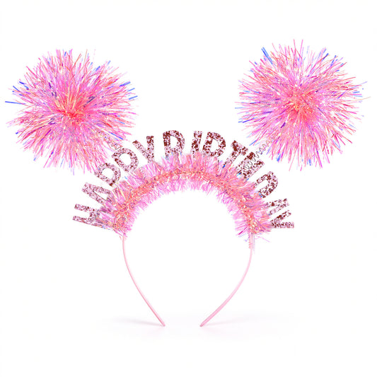 SHENLIU 1 Pcs Birthday Headband for Women, Pom Pom Happy Birthday Crown, Pink Party Hairband for Women, Funny Spring Party Cosplay Accessory