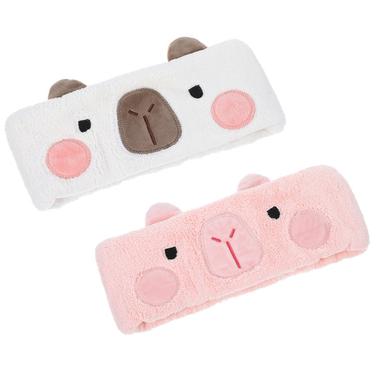 HJZHII 2 Packs Cute Spa Headband, Kawaii Capybara Elastic Hair Band Soft Coral Fleece Cosmetic Headwrap for Yoga Makeup Washing Face Women Girls(White, Pink)