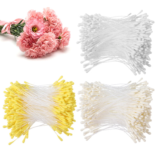 HJZHII 1200Pcs Double Heads Handmade Flower Stamens, 3mm Double Heads Flower Stamens Artificial Floral Pistil for Flowers Making DIY Crafts Wedding Christmas Decoration(Yellow, White, Creamy)