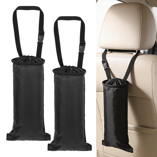 Andibro 2 Pack Car Trash Bag Hanging, Washable Back Seat Car Garbage Bag with Top Elastic Vent Sticky Strap Bottom Opening Portable Waterproof Seat Back Tash Bag for Cars Oxford Trash Organizer for Ba