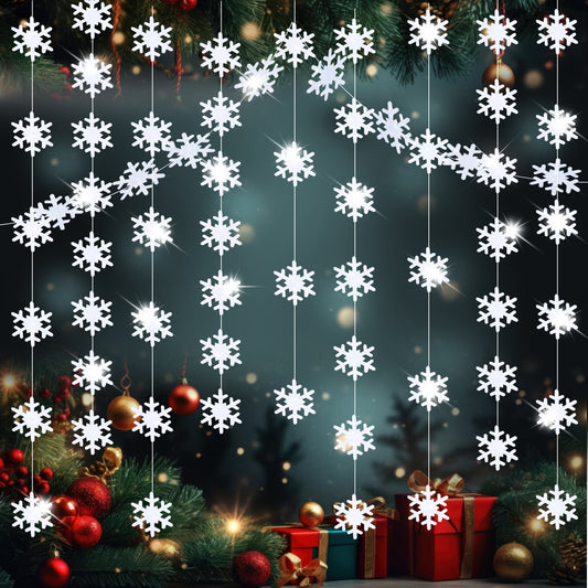cobee 4Pcs Christmas Snowflake Garland Ornament, 4M Glitter Snowflake Hanging Christmas Tree Decorations with Silver Rope for Home Christmas Winter Holiday Party Window Door Decorations(White)