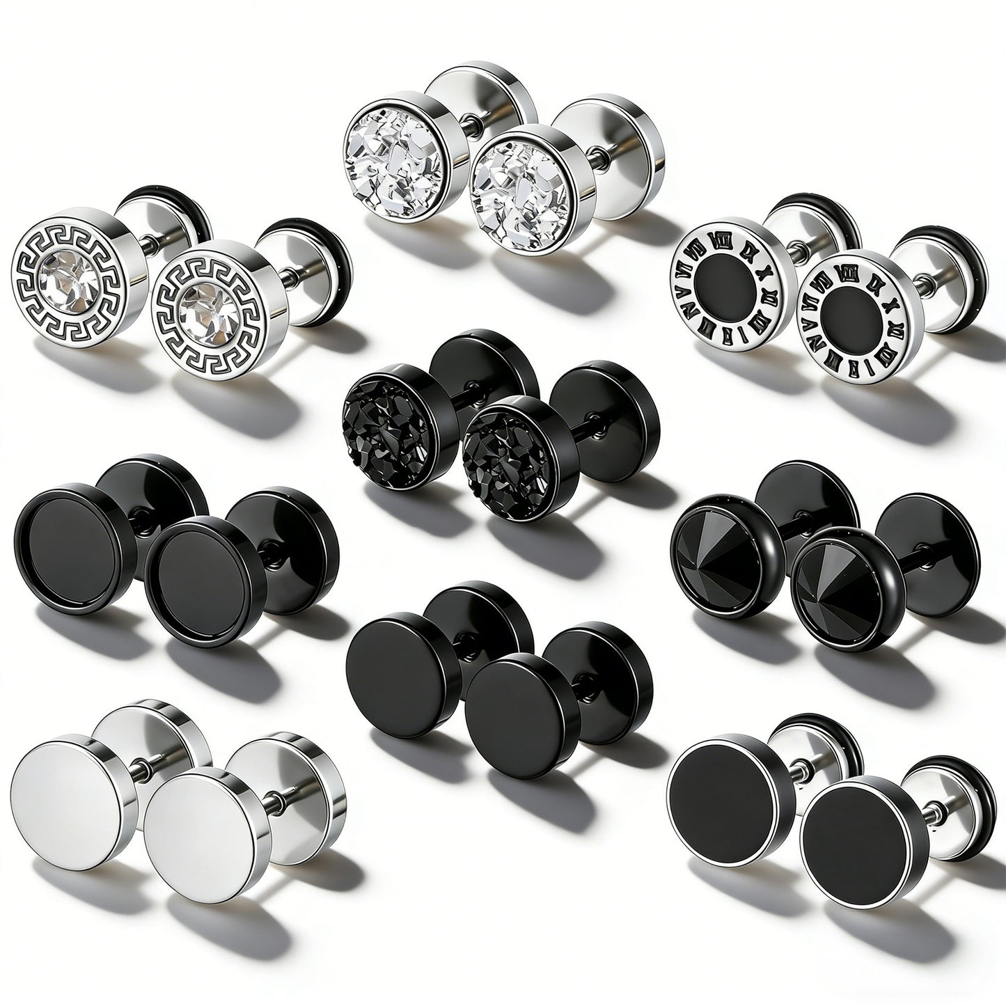 HJZHII 9 Pairs Fake Gauge Earrings, Stainless Steel Stud Earrings Round Faux Gauges Earring Piercings Cheater Plug Earring Faux Tunnels Flat Back for Men Women