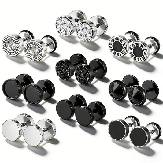 HJZHII 9 Pairs Fake Gauge Earrings, Stainless Steel Stud Earrings Round Faux Gauges Earring Piercings Cheater Plug Earring Faux Tunnels Flat Back for Men Women
