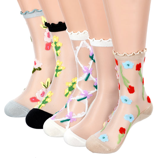 HJZHII 5 Pairs Sheer Socks, Women Sheer Sock Frilly Ruffle Lace Socks funky Book Sock for Women Girls Ankle Thin Cool Footwear Cute Stocking Transparent Mesh Stockings Floral Stocks Elastic Jacquard