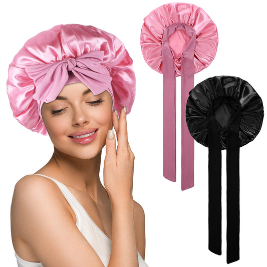 JIEYAO 2 Pcs Satin Bonnet for Sleeping Women(Light Pink, Pink)