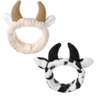 LIQWEI 2Pcs Ear Horn Headband, Cow Ears Makeup Headband, Face Wash Headbands Skincare Hair Band for Washing Face, Cute Stocking Fillers Women for Cow Party Favors Cosplay Makeup