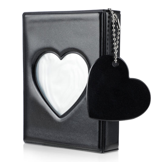 Molain 3 Inch Small Photo Album, Heart Hollow Card Binder with 32 Pockets, Pink Photocard Binder, Cute Photo Card Holder with Beaded Chain for Photocards Collection(Black)
