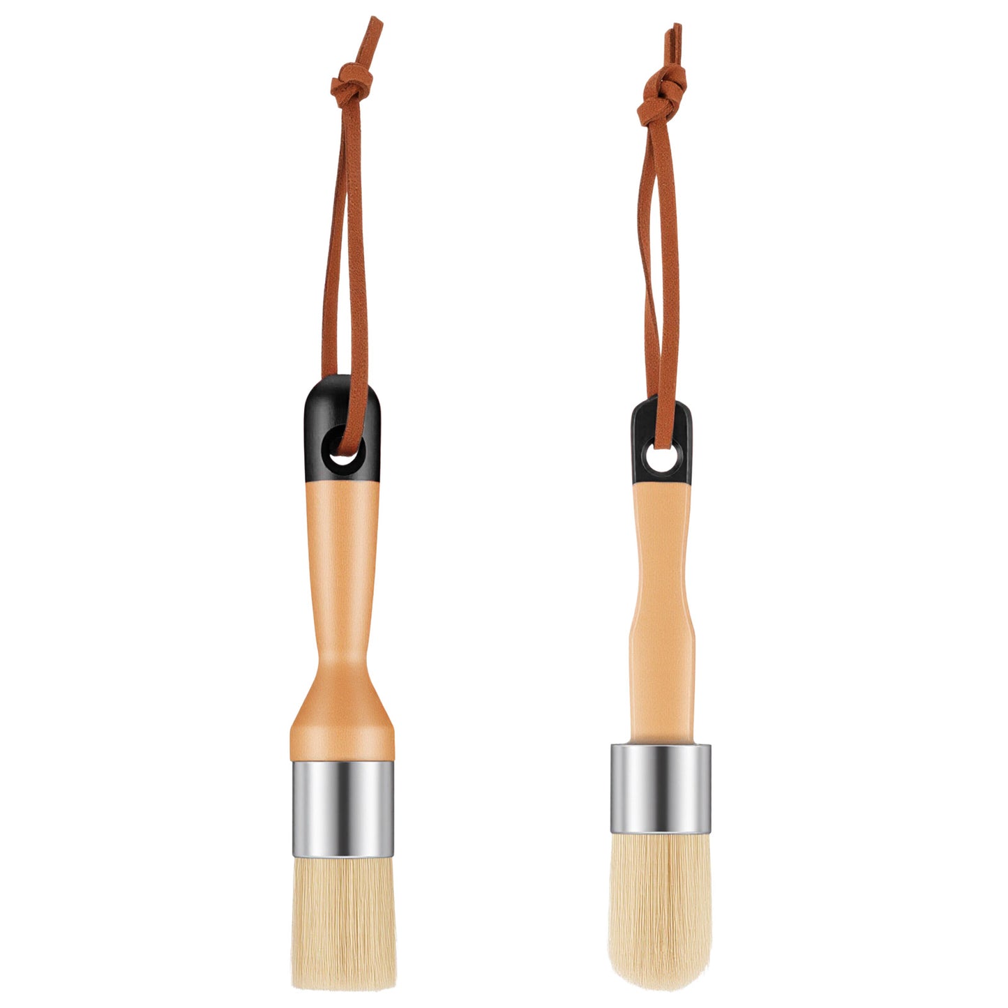 WJIAAA Chalk Paint Brush, 2 Pack Natural Bristle Round and Oval Wax Brushes for Furniture, Wood Handle Stainless Steel Ferrule for Home Decor DIY Art Crafts(Black)