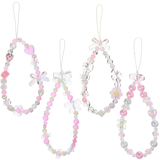 HJZHII 4 PCS Cute Phone Charm, Pink Beaded Phone Lanyard Wrist Strap Aesthetic Cell Phone Keychain Y2K Flower Butterfly Phone Chain for Phone Bag Camera Pendants Decor