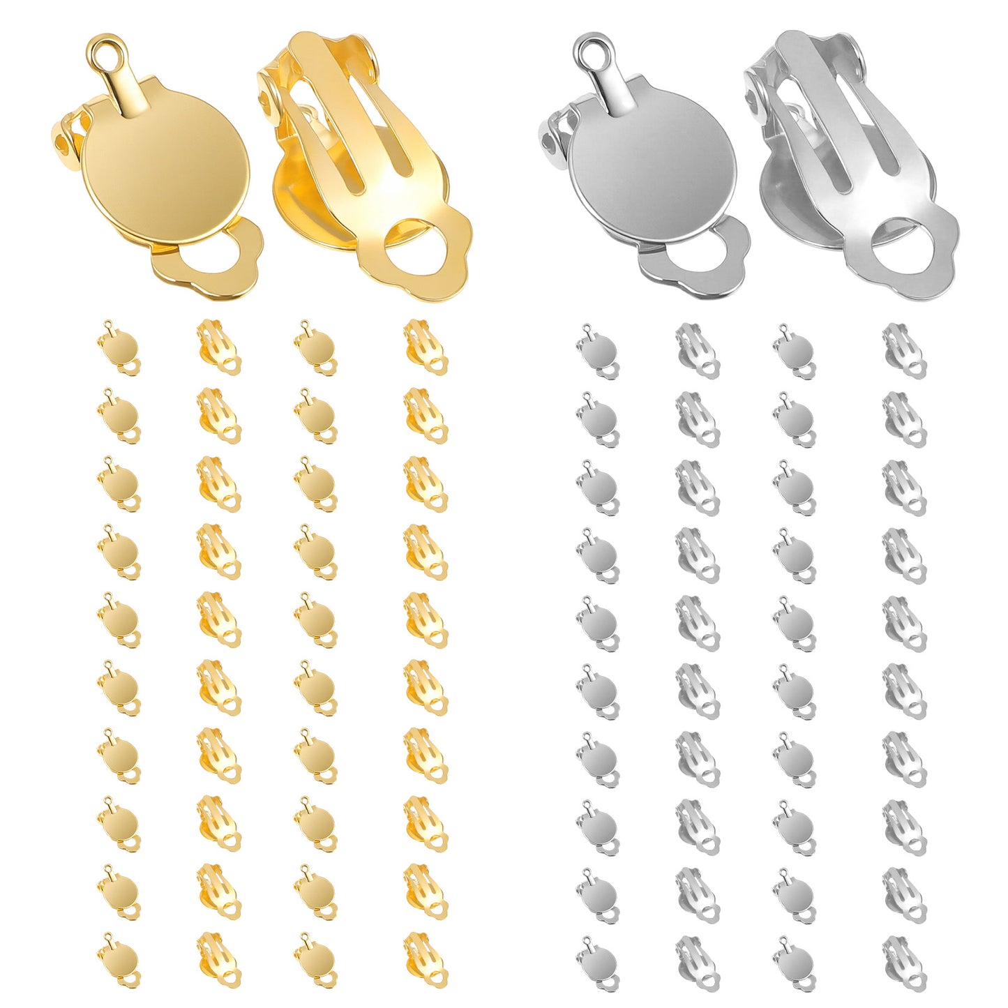 SHENLIU 80 Pcs Earring Clips, Round Flat Back Clip On Earring Backs for Non Pierced Ears, Tray Style Converters for Jewelry Making, Gold & Silver, DIY Craft Supplies for Women