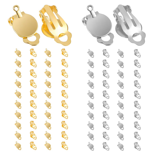 SHENLIU 80 Pcs Earring Clips, Round Flat Back Clip On Earring Backs for Non Pierced Ears, Tray Style Converters for Jewelry Making, Gold & Silver, DIY Craft Supplies for Women