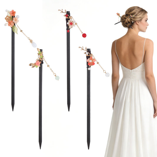 HJZHII Japanese Chinese Hair Stick, 4Pcs Retro Wooden Hairpin Floral Hair Chopsticks Classic Hanfu Pins Headdress Classic Hair Fork for Long Hair Women