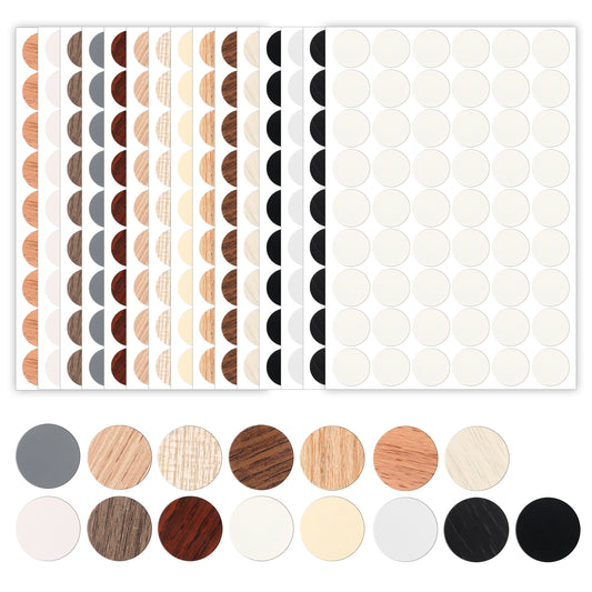 LIQWEI 810 Pieces Screw Hole Covers Stickers, Wood Stickers for Furniture, PVC Adhesive Screw Cover Caps for Wall Cabinet Desk Self-Adhesive Screws Hole Sticker 21mm Wood Textured Sticker (15 Colors)