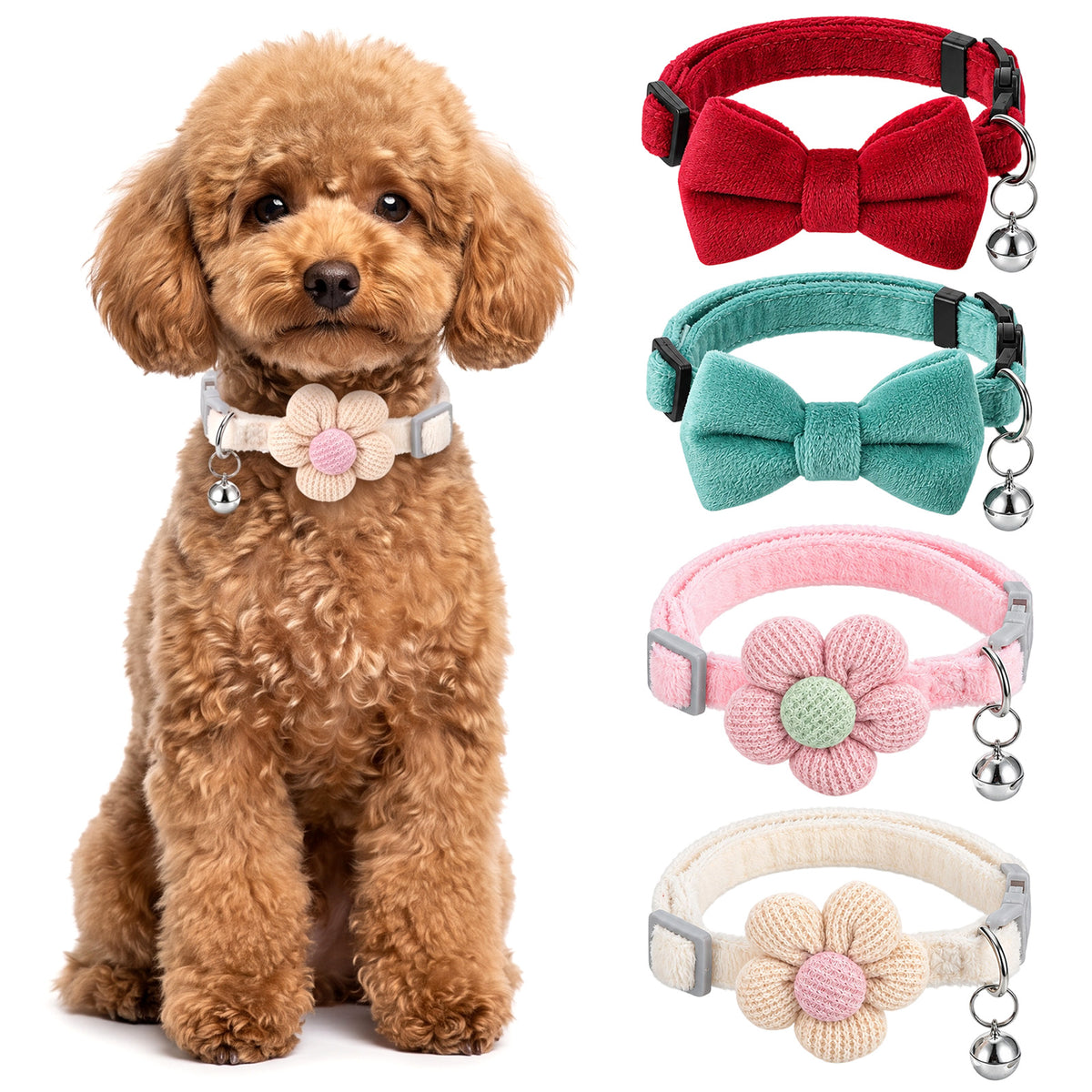 2 Pcs Dog Collars with Flower Bow, Adjustable Cute Puppy Collars with Bell