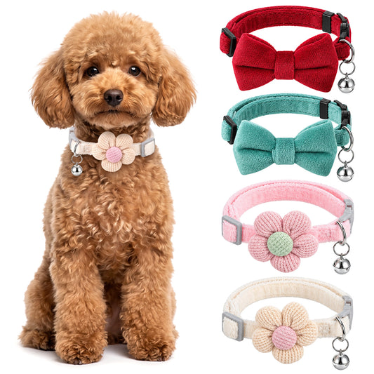 2 Pcs Dog Collars with Flower Bow, Adjustable Cute Puppy Collars with Bell