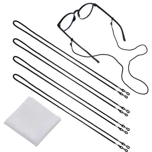 Andibro 4 Pcs Black Glasses Strap, Adjustable Sunglasses Straps Cords Glasses Chain with 1 Microfibre Cleaning Cloth Eye Glasses Holder Strap Around Neck for Men Women