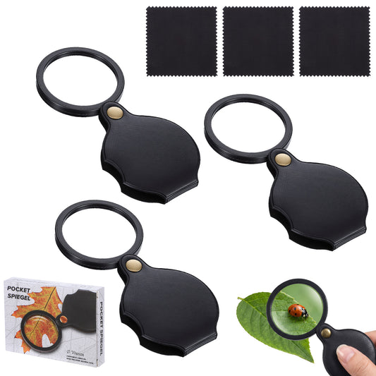 HJZHII 3Pcs 10x Small Magnifying Glass, Pocket Magnifier Mini Folding Magnifiers Pocket Magnifier with 360° Rotating Protective Case for Reading Close Work Repairing Hobby Or Coins