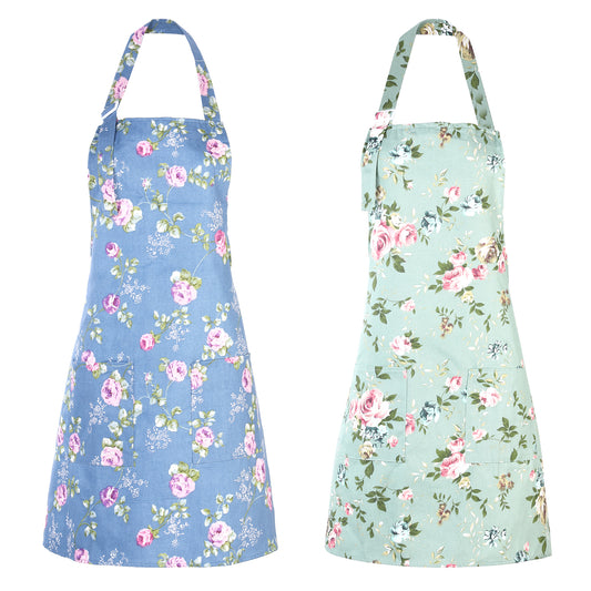 BOHUIZ Floral Aprons for Women, 2Pcs Adjustable Kitchen Aprons with 2 Large Pockets Cute Flower Vintage Apron for Kitchen Cooking Painting Crafting Baking Art Gardening