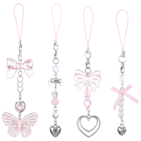 Cobee 4Pcs Cute Bow Phone Charm, Pink Phone Charm, Butterfly Phones Strap Aesthetic Beaded Camera Strap Lanyard, Y2K Phones Accessories or Bag Purse Backpack Camera Decor