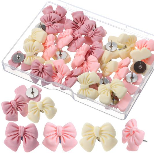 LXUEJIE 30 Pcs Pink Push Pins, Cute Bow Push Pins, Pink Decorative Cork Board Thumb Tacks Pushpin for Hanging Photo Wall Feature Map Bulletin Board Office Home Schools Supplies Decorations