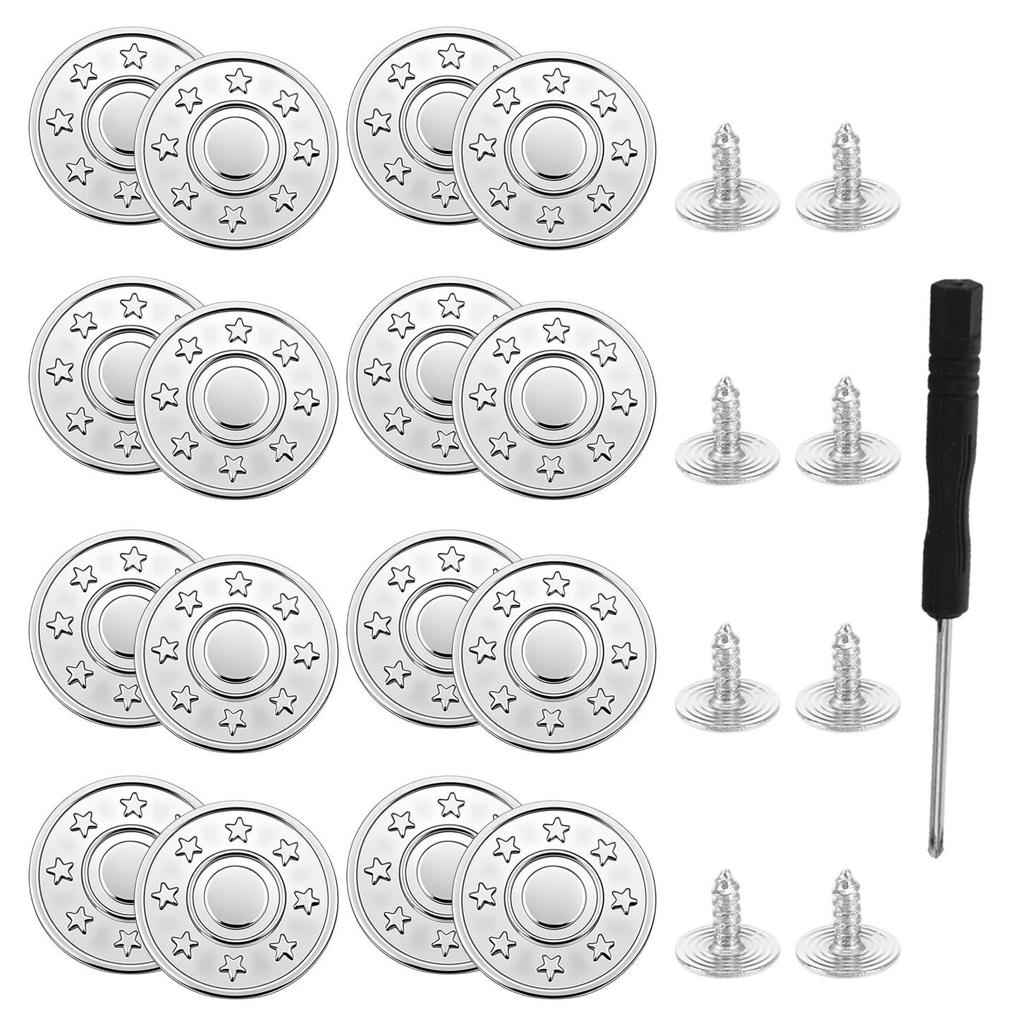 Amaxiu Jeans Buttons Replacement, 16 PCS Instant No Sew Buttons for Pants Removable Metal Silver Pant Button Tightener Adjustable Button Replacement Kit with Threads Rivets and Screwdriver (20mm)