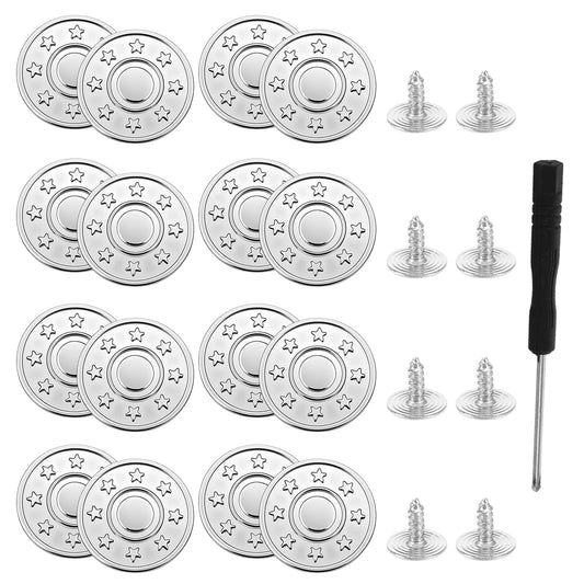 Amaxiu Jeans Buttons Replacement, 16 PCS Instant No Sew Buttons for Pants Removable Metal Silver Pant Button Tightener Adjustable Button Replacement Kit with Threads Rivets and Screwdriver (20mm)