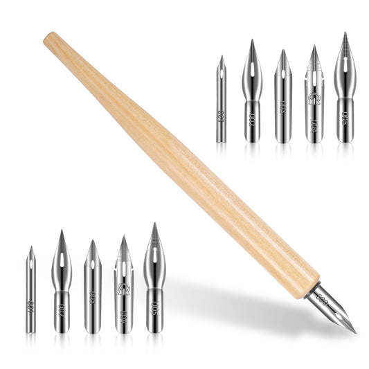 Bewudy 11 Pieces Comic Pen Nib Set, Ink Nib Stainless Steel Drawing Comic Pen Nib, Calligraphy Nibs with Wooden Comic Pen Nib Holder for Writing Painting Signing (Light Wood Color)