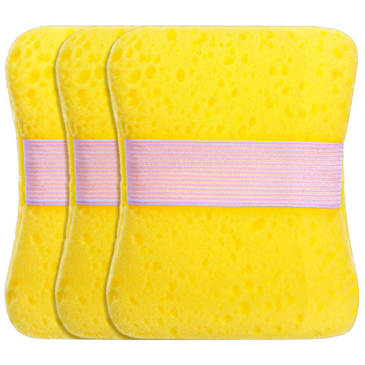 Amabro 3Pcs Body Bath Sponges Adults, Large Shower Sponge Bath Soap Bag with Elastic Band Body Exfoliating Washing Deep Cleaning Dense Foam Soft Honeycomb Delicate Dry Sensitive Skin Bathroom Bathing