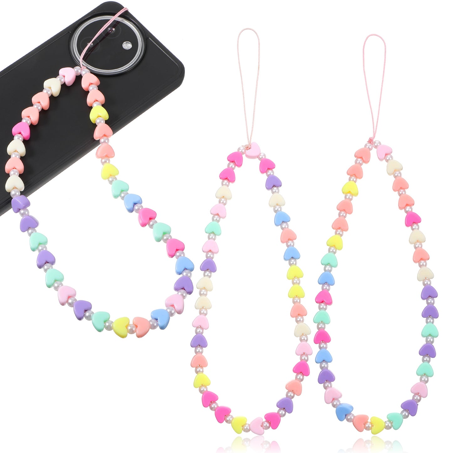 TIESOME Cute Heart Beaded Phone Charm, 2 Pcs Mobile Phone Lanyard Wrist Strap Cord Chain Accessories for Women Girls