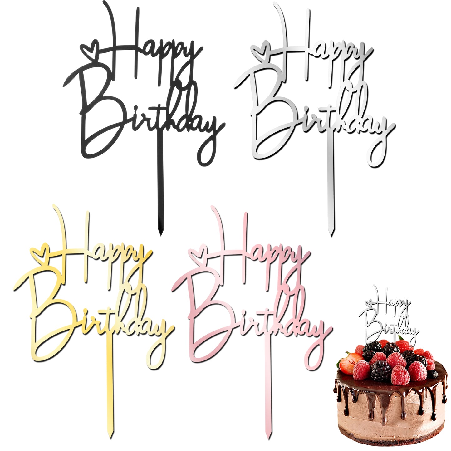 LIQWEI 4Pcs Birthday Cake Decorations, Happy Birthday Cake Toppers, Birthdays Cakes Topper, ‘Happy Birthday’ Party Cupcake, Happy Anniversary Cakes Topper Celebrating Theme Party Supplies