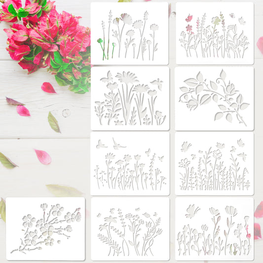 HJZHII 9 Pcs Flower Stencils, Cherry Blossom Vine Stencils Reusable Drawing Stencil Wildflower Paint Stencil for Painting on Wood for Painting Furniture DIY Home Decor Crafts