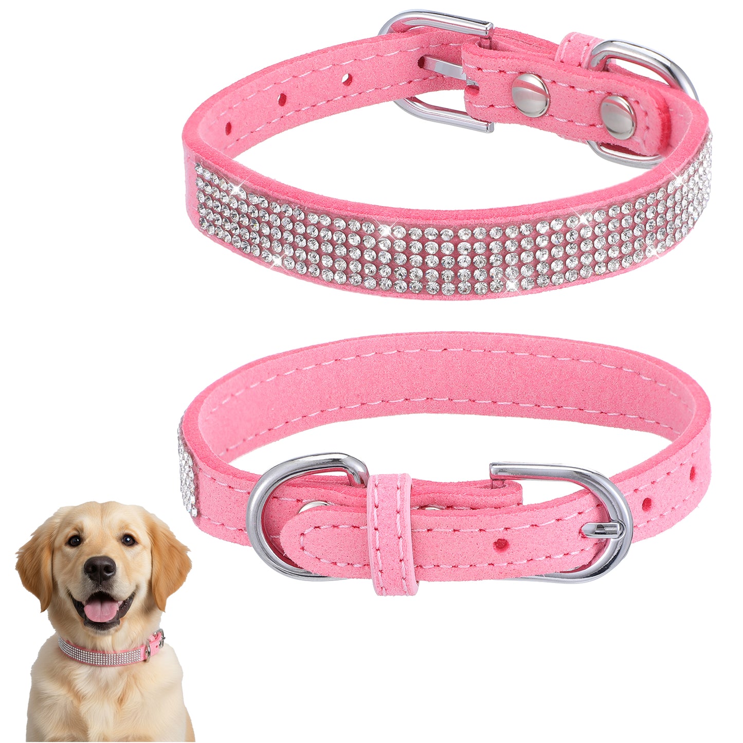 LIQWEI Dog Collar for Small Dogs, Pink Rhinestone Dog Collar for Small Dogs, Soft Leather Suede Pink Dog Collars Cat Collars for Girl Pets Puppies Kitten Chihuahua (XS)