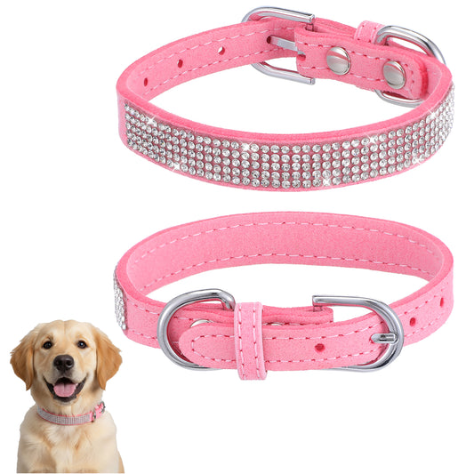 LIQWEI Dog Collar for Small Dogs, Pink Rhinestone Dog Collar for Small Dogs, Soft Leather Suede Pink Dog Collars Cat Collars for Girl Pets Puppies Kitten Chihuahua (XS)