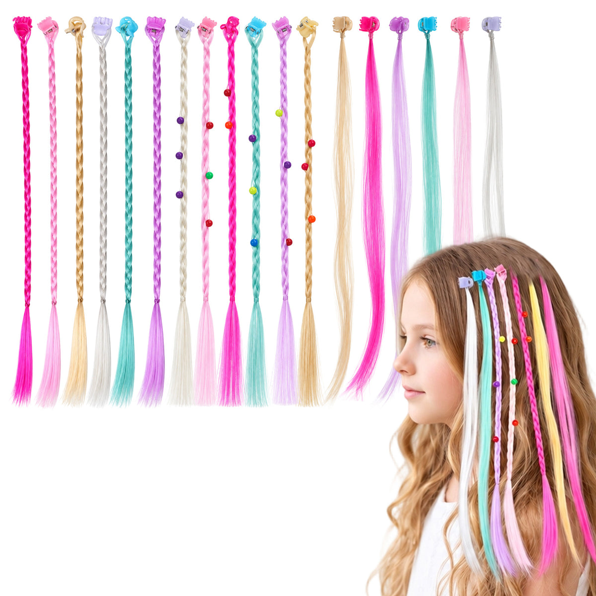 Jeffdad 54Pcs Colored Hair Extensions with Hair Clips Braids HairExtension