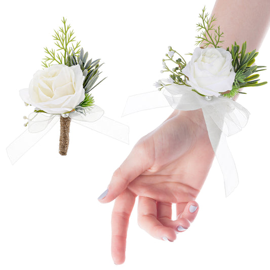 Bewudy Ivory Rose Wrist Corsage Bracelet Wristlet Band and Men Boutonniere Set, White Corsage and Boutonniere Set, Prom Flower Wrist Corsage Bracelets, for White Wedding Flower Accessories Prom Suits