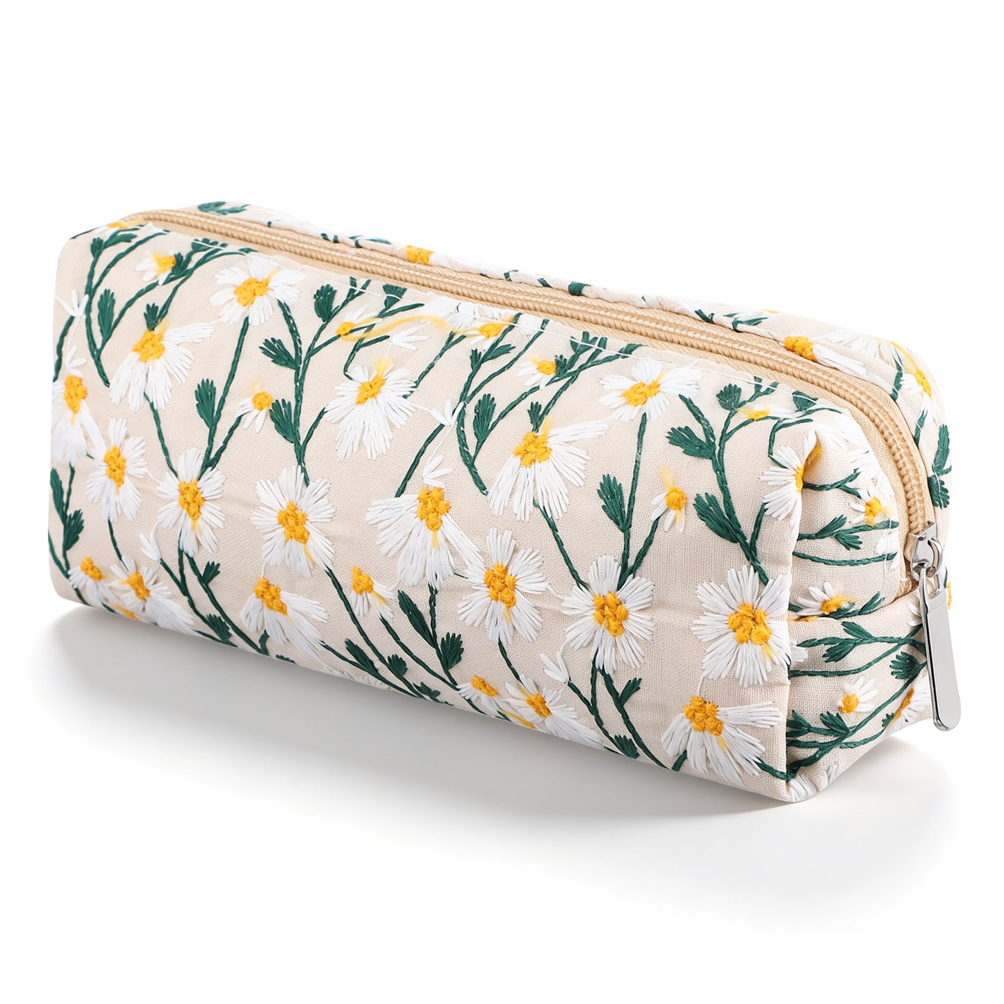 Molain Daisy Pencil Case, Cute Embroidery Floral Pencil Pouch with Zipper Large Capacity Canvas Pen Bag for College Makeup Travel Ideal Gift
