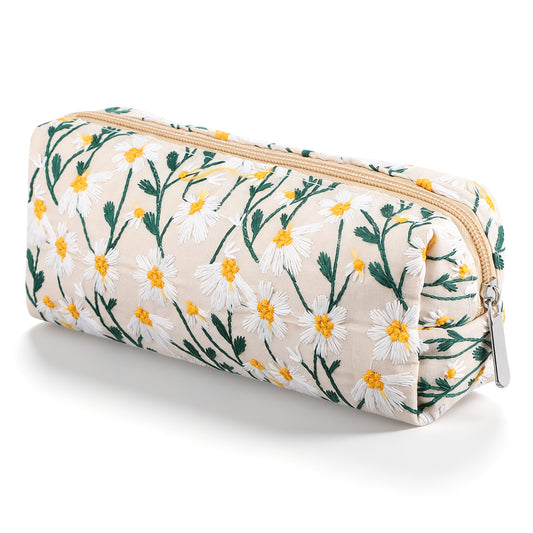 Molain Daisy Pencil Case, Cute Embroidery Floral Pencil Pouch with Zipper Large Capacity Canvas Pen Bag for College Makeup Travel Ideal Gift