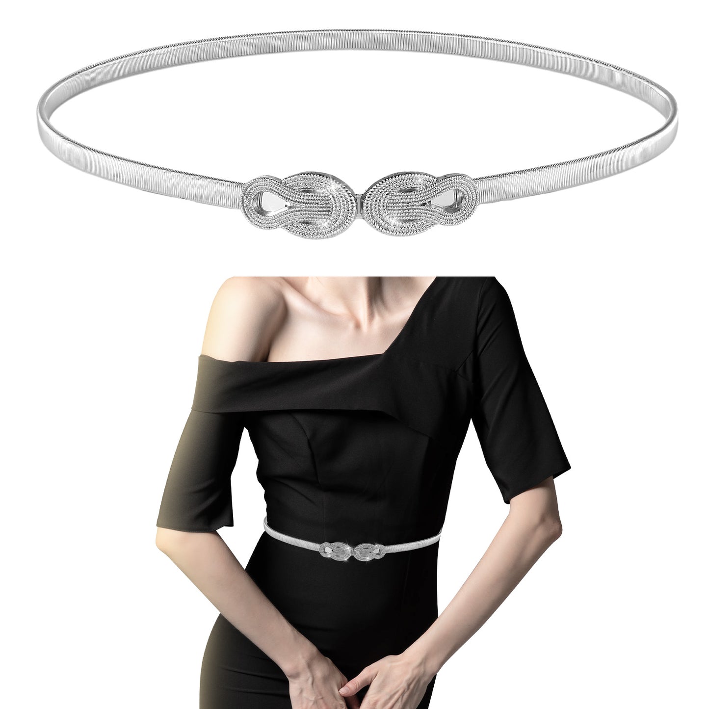 GEEHUA Silver Stretch Belts for Women, Elastic Silver Chain Belt for Dresses Skinny Thin Ladies Dress Waistband