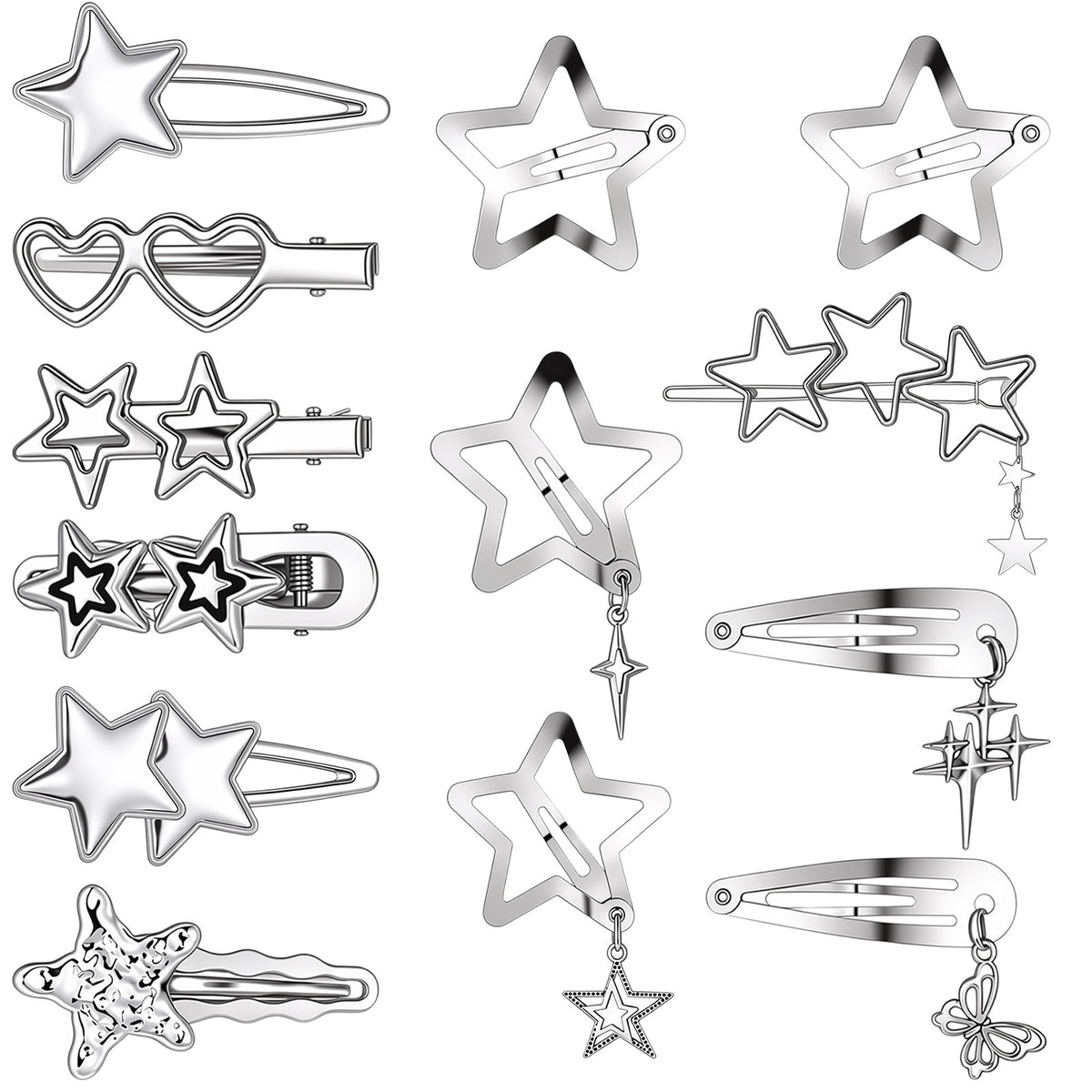 SULIKJHUI 15 Pcs Hair Clips Set, 13 Shapes Silver Metal Goth Hair Clips