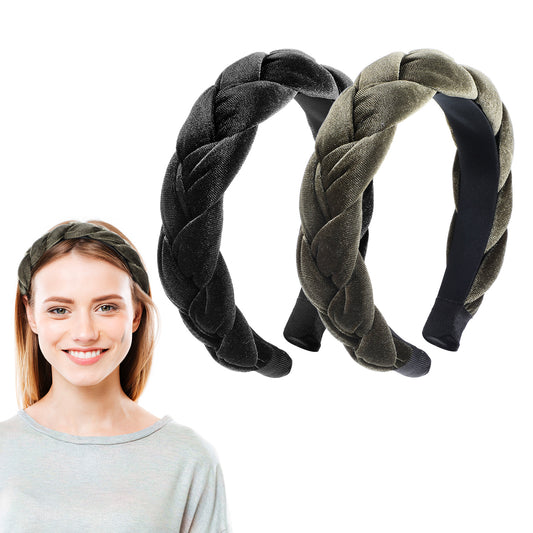 AOZUO 2 PCS Velvet Braided Headband, Fashion Wide Head Bands Black Dark Green Cute Vintage Hairband Face Wash Hair Accessories for Women