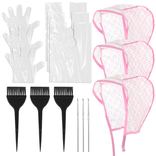 Bewudy 3 Sets Hair Highlighting Caps Kit for Salon Hair Dyeing Hairdressing and DIY Dyeing Hair with Highlight Caps for Hair, Hair Highlighting Crochet Hooks, Dye Brushes, Gloves, Hair Dye Shawl(Pink)