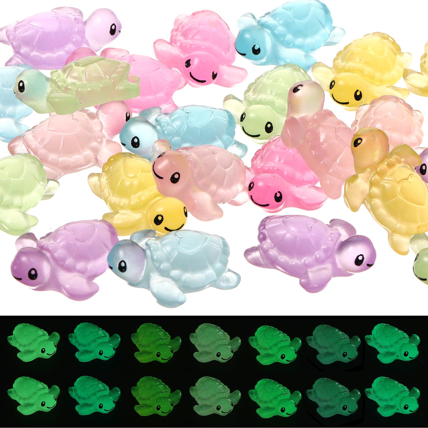 Andibro 48Pcs Luminous Mini ResinTurtles Figurines, 6 Colors Miniature Turtle Figure Glow in The Dark, Cute Tiny Turtle Animal Statue for DIY Micro Landscape Dollhouse Fairy Garden
