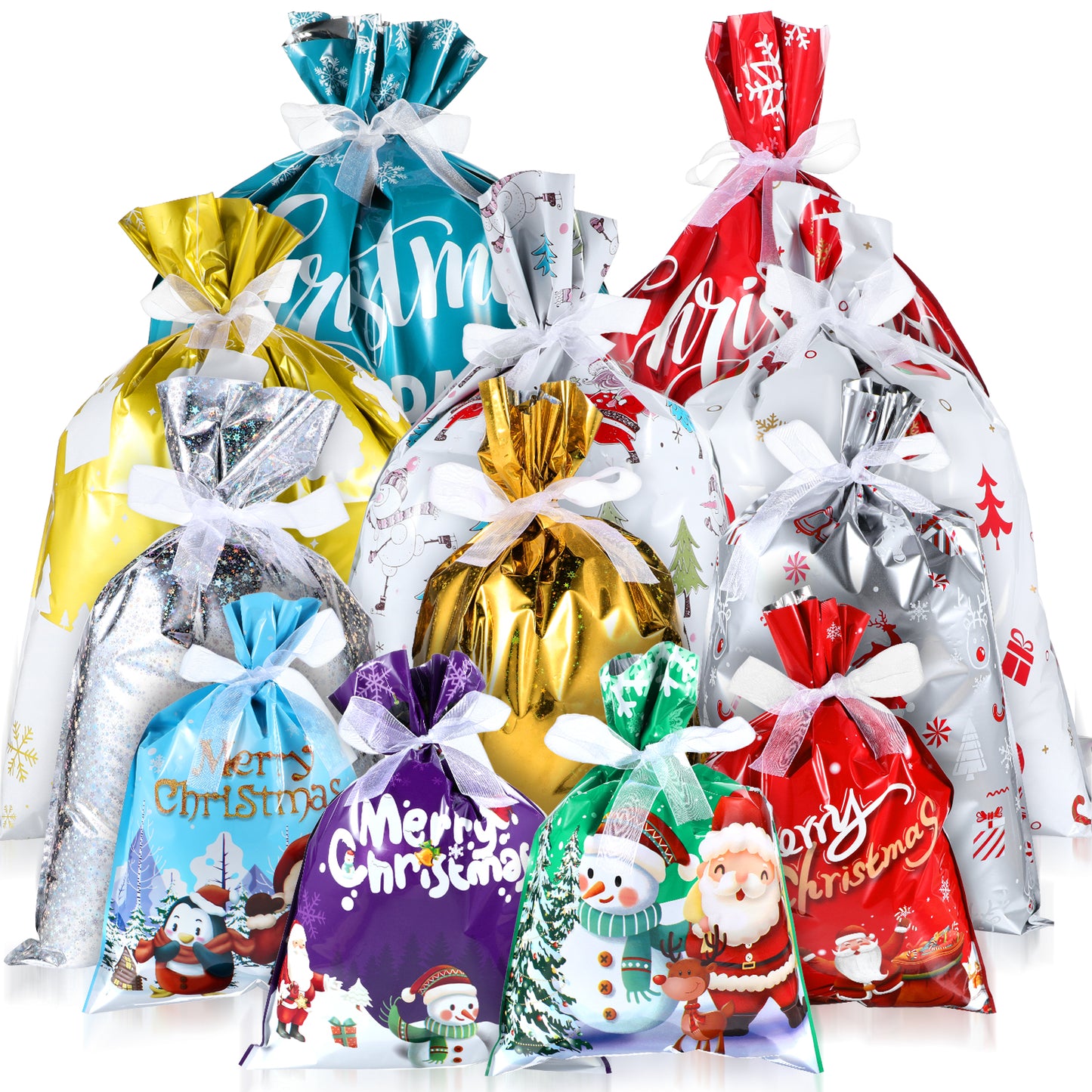 cobee Christmas Gift Bags, 12 Pcs Reusable Christmas Foil Gift Bags with Ribbons Assorted Sizes Santa Wrapping Bag for Christmas Holiday Presents Party Favor Bags