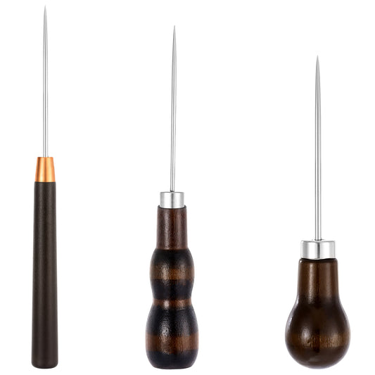 BOHUIZ 3 Pack Scratch Awl Tool with Wooden Handle, Gourd Shape Pin Punching for Leather Awl Punch Tool for Hole Craft Shoes Repair Sewing Leather Punch Stitching Crochet DIY Handmade
